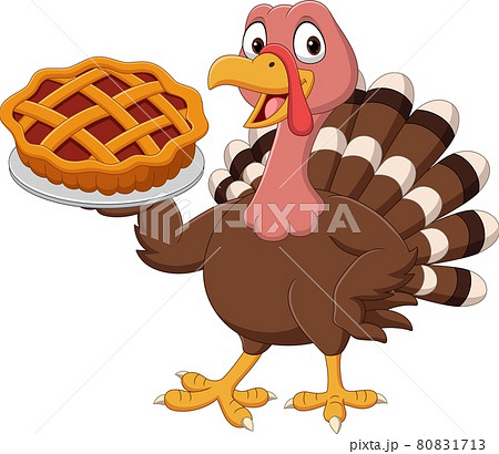 Cartoon turkey holding a cake pie Cartoon turkey holding a cake pie 80831713
