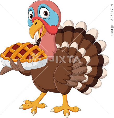 Cartoon turkey holding a cake pie Cartoon turkey holding a cake pie 80831714