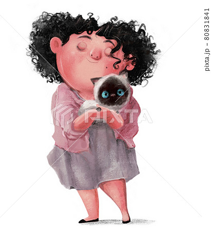 cute plump curly haired girl with cat 80831841