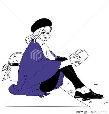 ピクニック読書をする女性 80832668