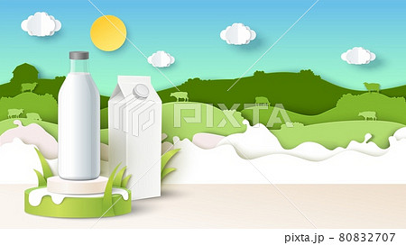 Milk bottle on podium, carton pack mockups, paper cut field, cow silhouettes, vector illustration. Natural dairy product Milk bottle on podium, carton pack mockups, paper cut field, cow silhouettes, vector illustration. Natural dairy product 80832707