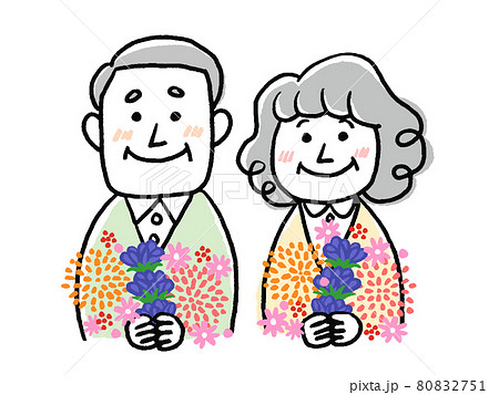 花束を持っている笑顔のシニア夫婦、または両親のイラスト 80832751