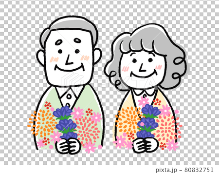 花束を持っている笑顔のシニア夫婦、または両親のイラスト 80832751