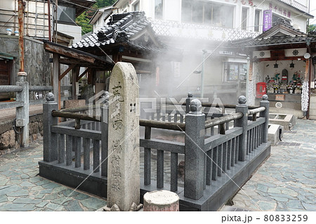 山陰の名湯「湯村温泉」の朝　熱湯源泉荒湯の湯けむりと慈覚大師座像 80833259