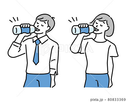 水分補給をする男女のイラスト 夏 熱中症 水を飲む 休憩 健康 予防 清涼 のイラスト素材