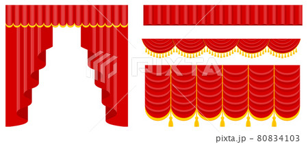 Curtains with lambrequins on the stage of the theater, concert hall. Curtains with lambrequins on the stage of the theater, concert hall. 80834103