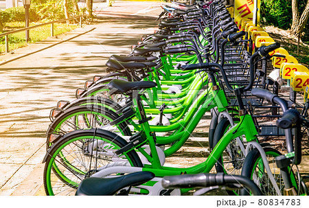 Bicycle sharing systems. Bicycle for rent business. Bicycle for city tour at bike parking station. Eco-friendly transport. Urban economy public transport. Bike station in the park. Healthy lifestyle. 80834783