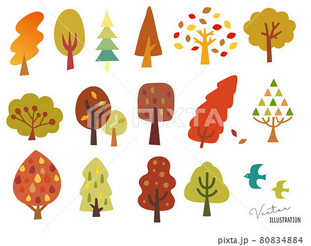 オシャレで可愛い秋のイラスト素材 紅葉 葉っぱ 木 紅葉 北欧 枯葉 鳥 のイラスト素材 8044