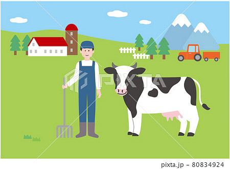 牛と酪農家のいる風景のイラスト素材