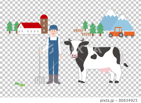 牛と酪農家のいる風景のイラスト素材