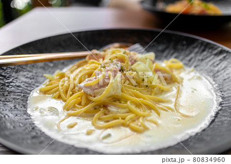 Creamy Spaghetti Carbonara in dish served in the restaurant. Creamy Spaghetti Carbonara in dish served in the restaurant. 80834960