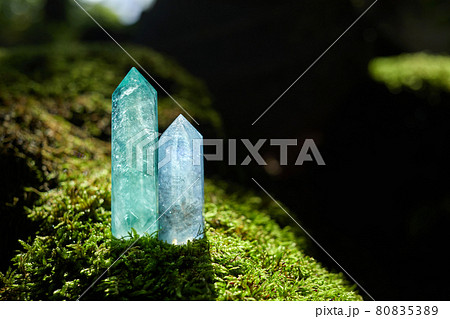Gemstones minerals on mysterious nature background. Magic Rock for Crystal Ritual, healing spiritual practice. 80835389