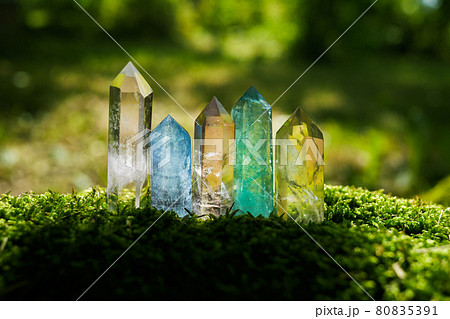 Gemstones minerals on mysterious nature background. Magic Rock for Crystal Ritual, healing spiritual practice. 80835391