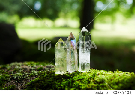 Gemstones minerals on mysterious nature background. Magic Rock for Crystal Ritual, healing spiritual practice. 80835403