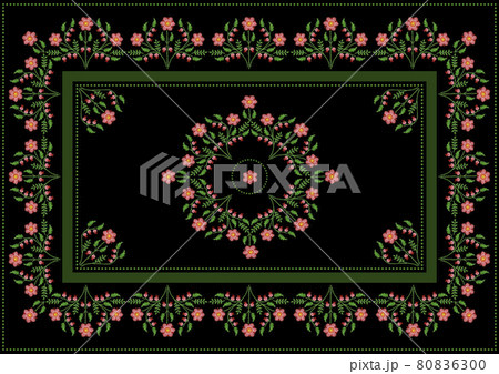 Pattern for embroidery of a circle of bouquets with flowers of pink and orange petals, with leaves and berries on a black background 80836300