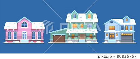 Winter houses. Cottages and townhomes pastel pink blue colors in snow, front view snowy buildings, christmas hotel. Xmas holidays celebration place. Real estate vector flat isolated set 80836767