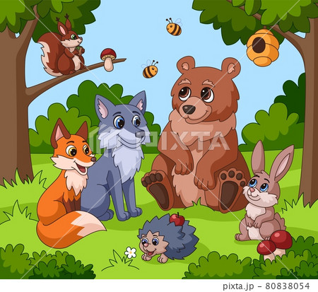 Cute animal in forest. Cartoon animals, children drawing woodland background. Funny squirrel, rabbit bear fox near tree garish vector illustration 80838054