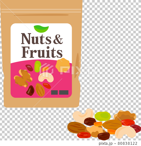 袋入りのナッツとドライフルーツミックスのイラスト素材