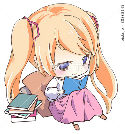 ミニキャラ読書をする女の子のイラスト素材