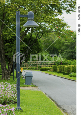 A green light pole stands along a walkway in the park. 80838461