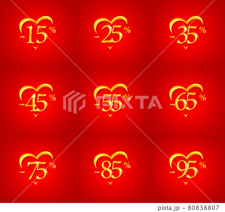 Sale, discount and percent off for valentines day and wedding day, greeting card poster or banner. Golden heart silhouette on red background, vector illustration 80838807