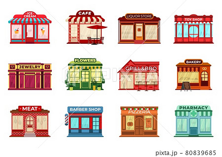 Cartoon flat shop facades. Different stores,... - Stock Illustration  [80839685] - PIXTA