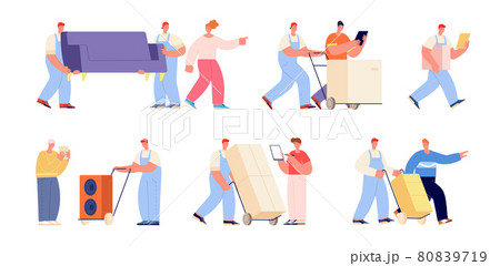 Moving and delivery service. Women delivering box, movers and clients. Warehouse workers, men helping relocation, carrying furniture utter vector set 80839719