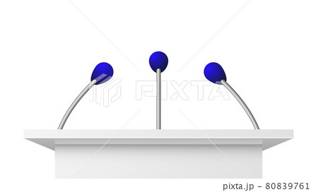 Public speech tribune. Open microphone, political action or business press conference white stand with three microphones. Demonstration, graduates education statement vector design 80839761