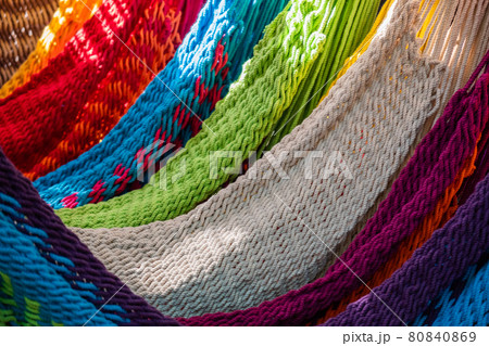 Close-up of multi-colored hammocks 80840869
