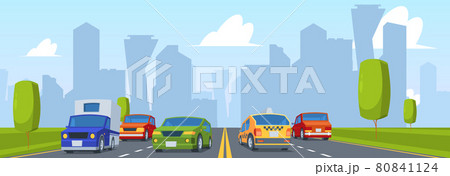 Cars on road. Speed automobile outdoor highway with four traffic line driving tunnel garish vector cartoon background with urban landscape 80841124