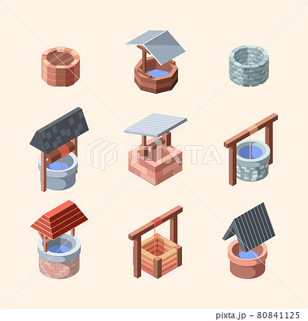 Water well. Outdoor decoration well from bricks and old stones garden water oasis garish vector isometric illustrations 80841125