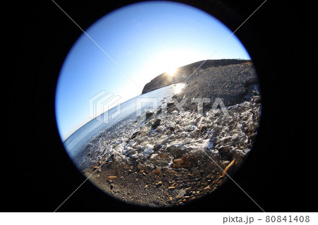 River flows into the sea. Northern circular fisheye landscape 80841408
