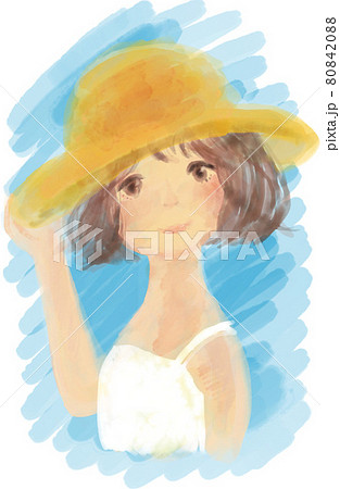 水彩画のように柔らかいタッチの 麦わら帽子と白いワンピースを身につけた可愛い女の子のイラスト素材 8084