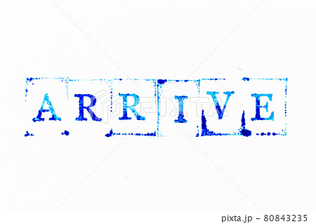 Blue color ink rubber stamp in word arrive on white paper background Blue color ink rubber stamp in word arrive on white paper background 80843235
