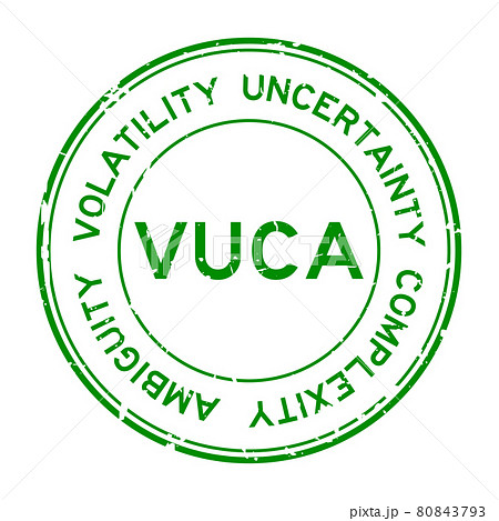 Grunge green VUCA (abbreviation of Volatility, uncertainty, complexity and ambiguity) word round rubber seal stamp on white background 80843793
