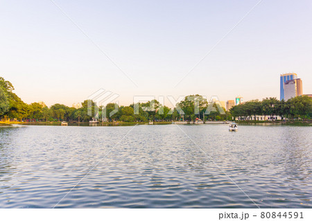Lumpini park business district Bangkok cityscape from park with sunset sky 80844591