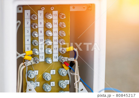 Open shield with wires of the control and measuring device at the production facility. 80845217