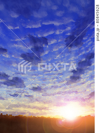 遠近感のある秋の夕暮れ 朝日 鱗雲のイラスト素材