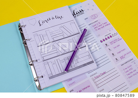 Folder with planning papers and purple felt pen. Folder with planning papers and purple felt pen. 80847589