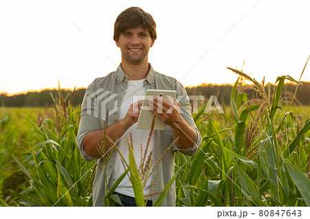 Woman farmer monitoring a corn crop with a digital tablet 80847643