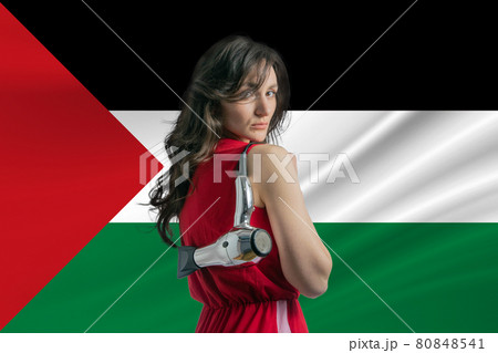 Beauty industry in Western Sahara Happy female hairdresser holding hairdryer against Western Sahara flag background 80848541
