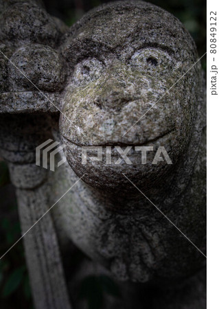 大豊神社の春、境内末社・日吉社の狛猿の笑顔 80849122