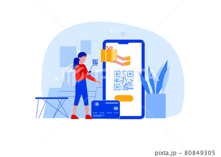 Flat woman with smartphone scan qr code for payment online Flat woman with smartphone scan qr code for payment online 80849305