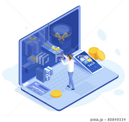 Isometric clients bonus loyalty 3d store program. Online store customer loyalty reward program vector illustration. Shop client loyalty purchase bonuses 80849334