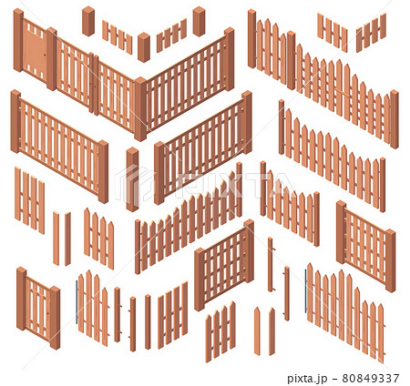 Isometric wooden garden farm rough fences. Courtyard wooden boards gates fencing, wooden 3d palisade fences vector illustration set. Farm wooden fencing 80849337