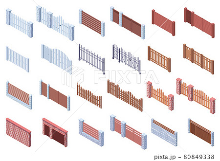 Isometric wooden stone metal architecture gate fences. Real estate, courtyard trellises, brick and wooden fences gate vector illustration set. Automatic gate fences 80849338