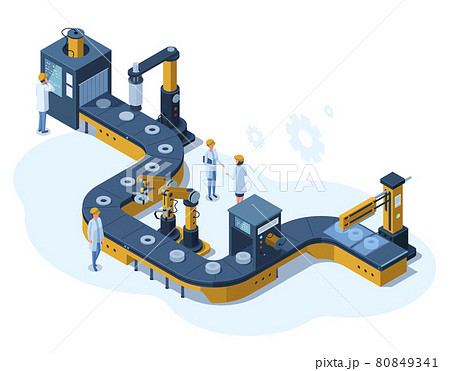 Isometric factory automated mechanised conveyor line. Industrial automated robotic conveyor, production 3d line vector illustration. Electronic factory assembly line 80849341