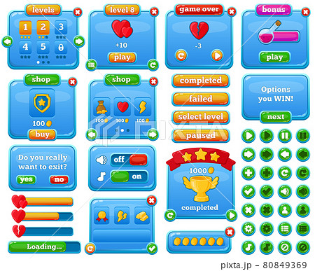 Cartoon casual web mobile game menu interface. Game gui interface, mobile casual game user menu elements vector illustration set. Video game interface buttons and bars 80849369