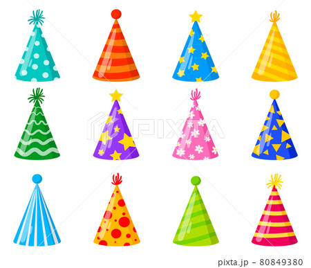 Cartoon Happy Birthday party celebration cone decorated hats. Birthday party funny colorful hats vector illustration set. Carnival holiday paper cone hats 80849380