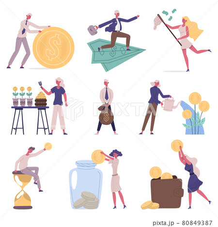 Business people investing, saving money financial concept. Money growth, saving, investment strategy characters vector illustration set. Finance liquidity cushion and savings Business people investing, saving money financial concept. Money growth, saving, investment strategy characters vector illustration set. Finance liquidity cushion and savings 80849387